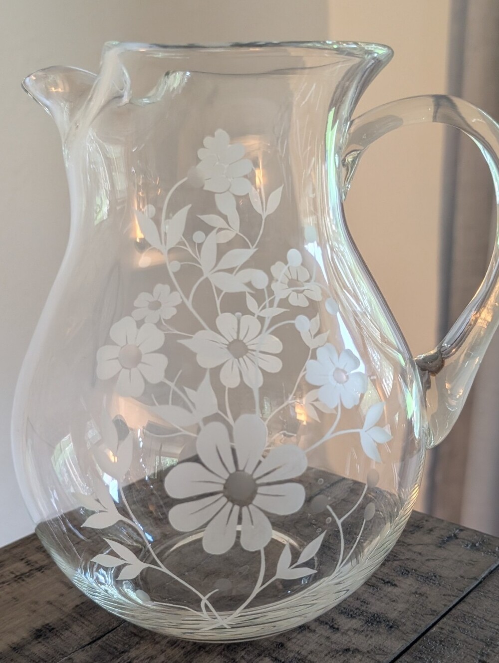 Vintage Clear Glass Floral Daisy Frosted Etched Water Pitcher w Handle & Ice Lip
